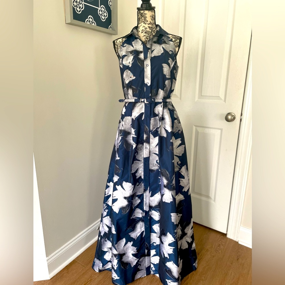 Carmen Marc Valvo navy and silver dress